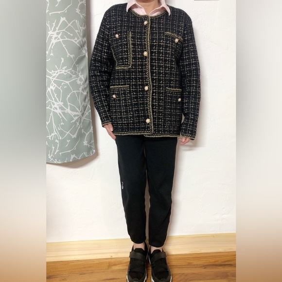 Plaid Faux Pearl Button Tweed Jacket/ Knitting Cardigan - Picture 8 of 10